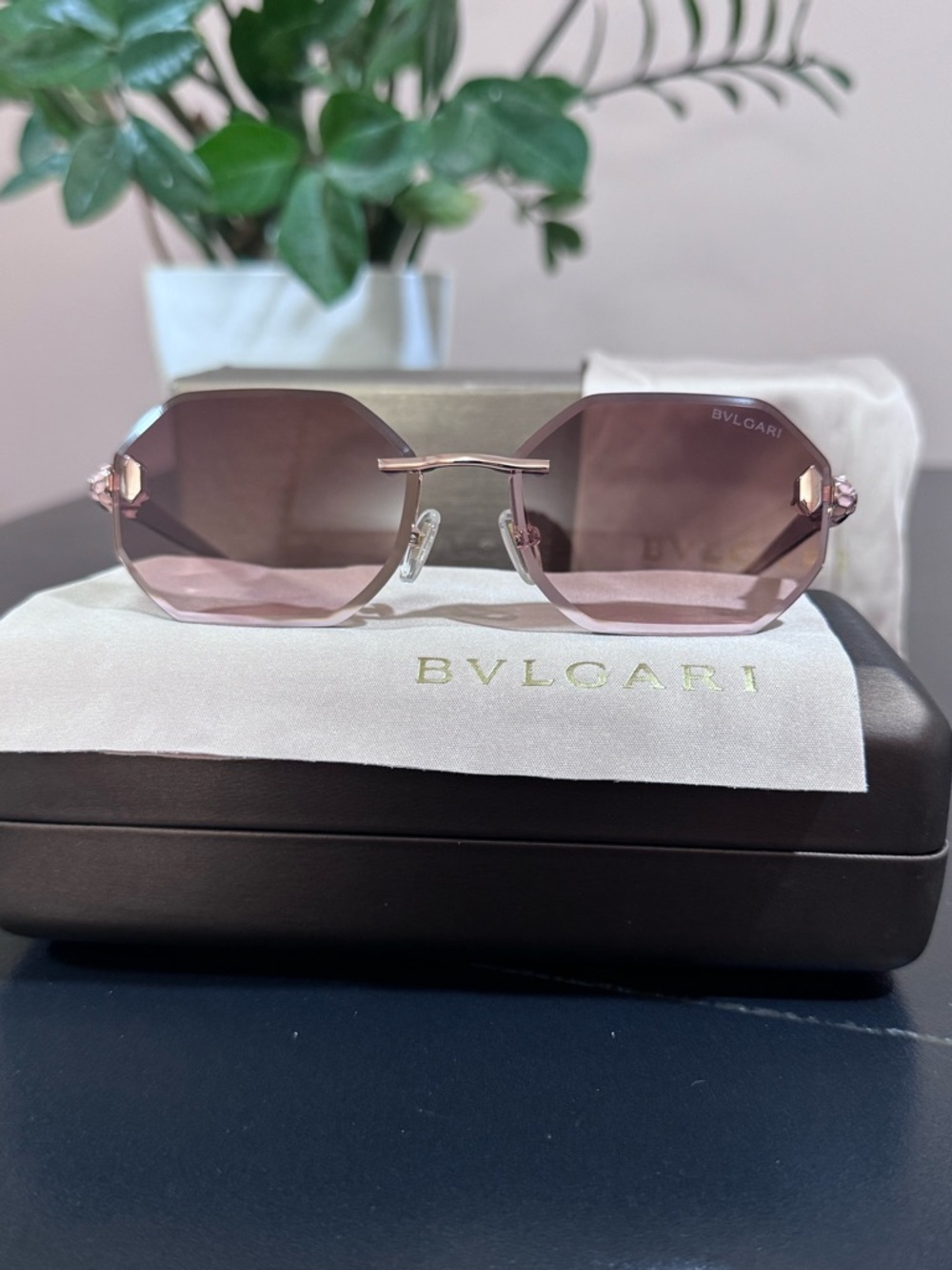 Bulgari Rose-Tint Octagonal Rimless Sunglasses - Picture 7 of 16